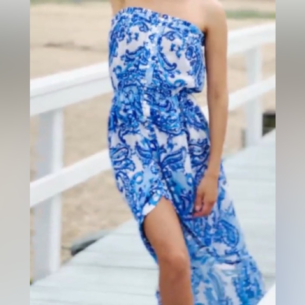 Strapless Hi Low Midi Sundress Dress Blue White Elastic Top and Waist NWOT